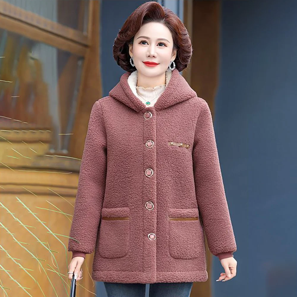 Mom Winter Lamb Cashmere Middle-aged And Elderly New Cotton-padded Clothes Fashion Loose Western-style Particle Coat Women 5XL.