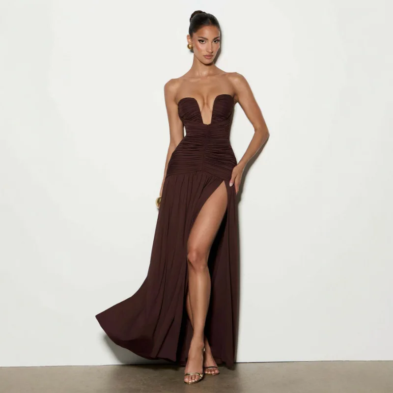 Solid Strapless Ruched High Slit Maxi Dress Draped Flowy Long Evening Gown Sleeveless Formal Women Elegant Party Dress 260702