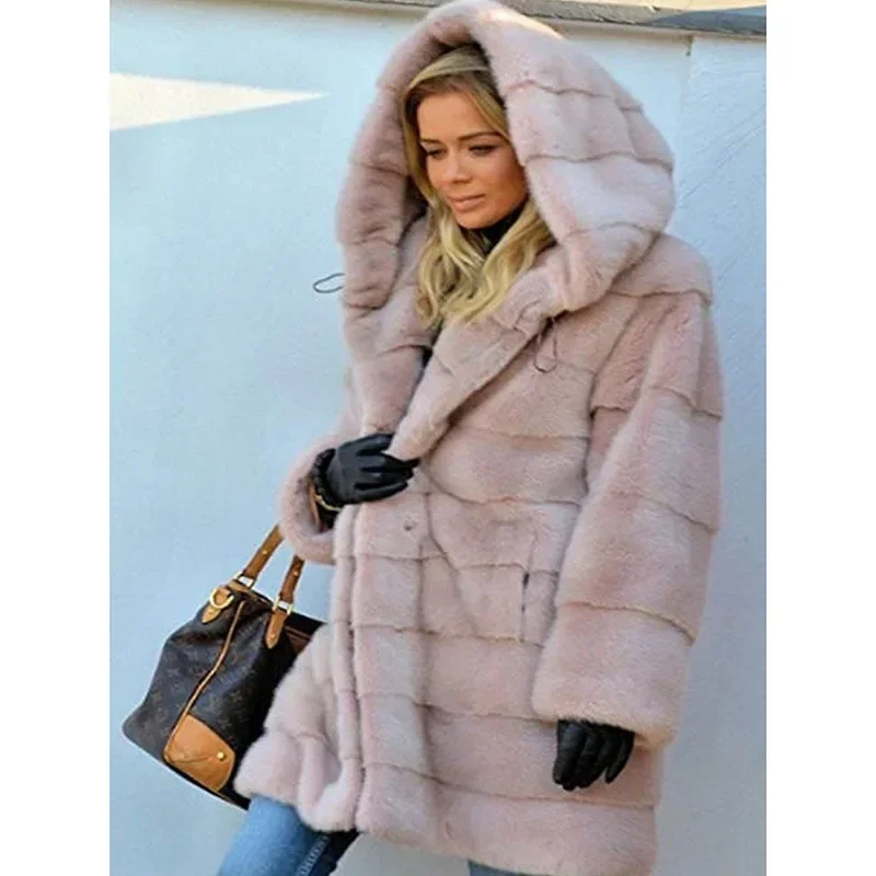 2024Winter Women High Quality Faux Rabbit Fur Coat Luxury Long Fur Coat Loose Lapel OverCoat Thick Warm Female Plush Coats Black
