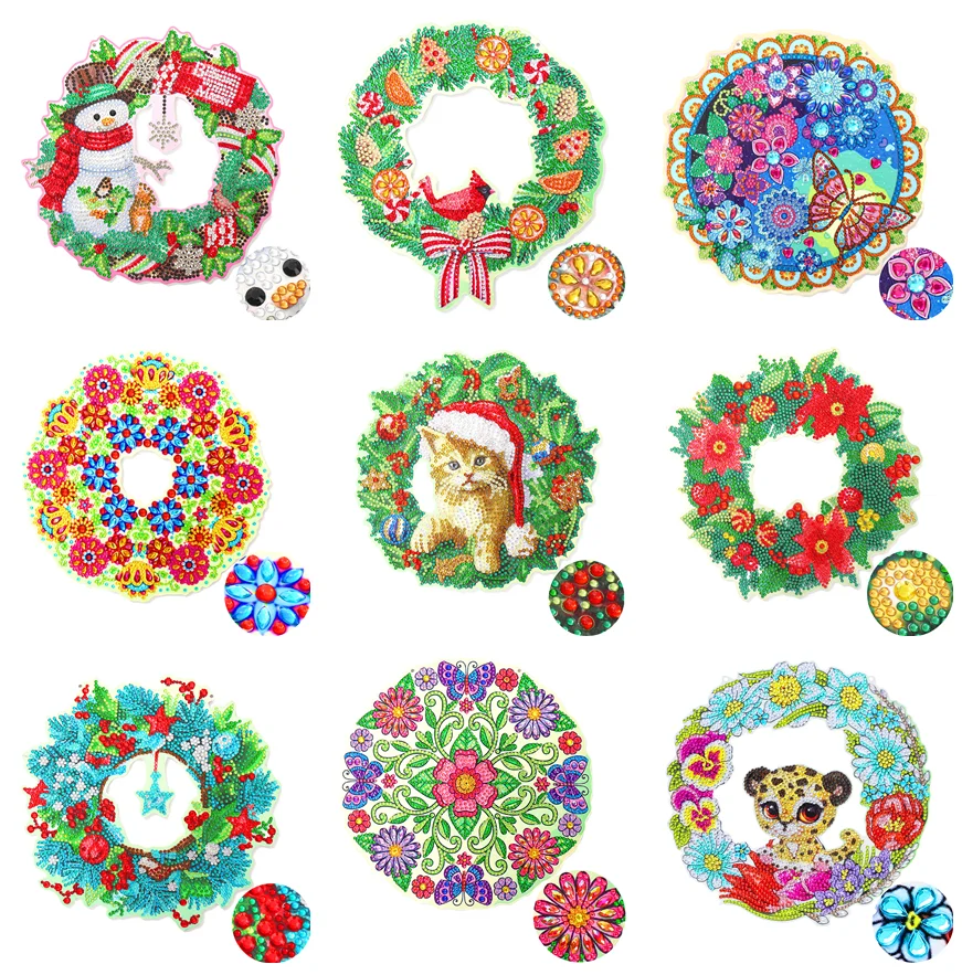 

DIY Diamond Painting Christmas Wreath Santa Claus Snowman Flowers Embroidery Hanging Ornament Pendant Home Wall Door Decor