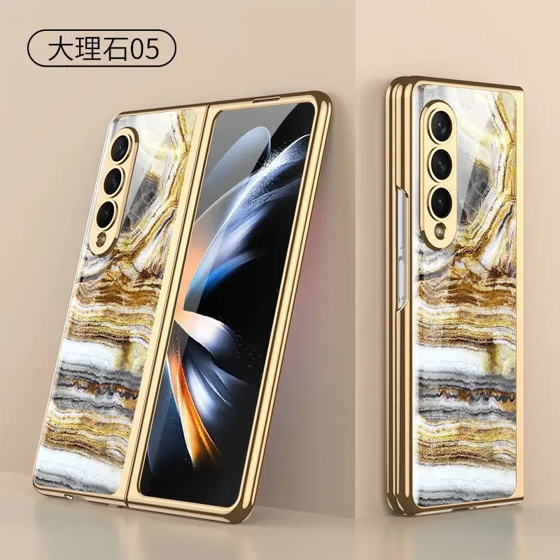 Luxury Plating Frame Case For Samsung Galaxy Z Fold 4 5G Painted Pattern Tempere
