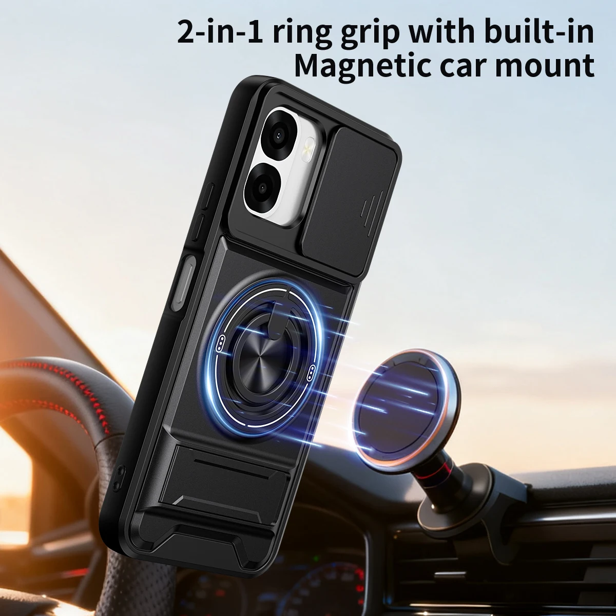 Enhanced Armor Phone Case with Lens Protection and Magnetic Ring Stand Holder
