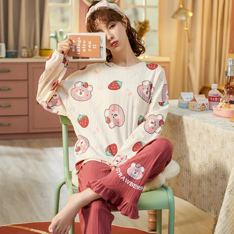 Plus Size Pyjamas Set Women Cotton Spring-autumn Long-sleeved Loose Loungewear Cute Sleepwear Breathable Nightdress