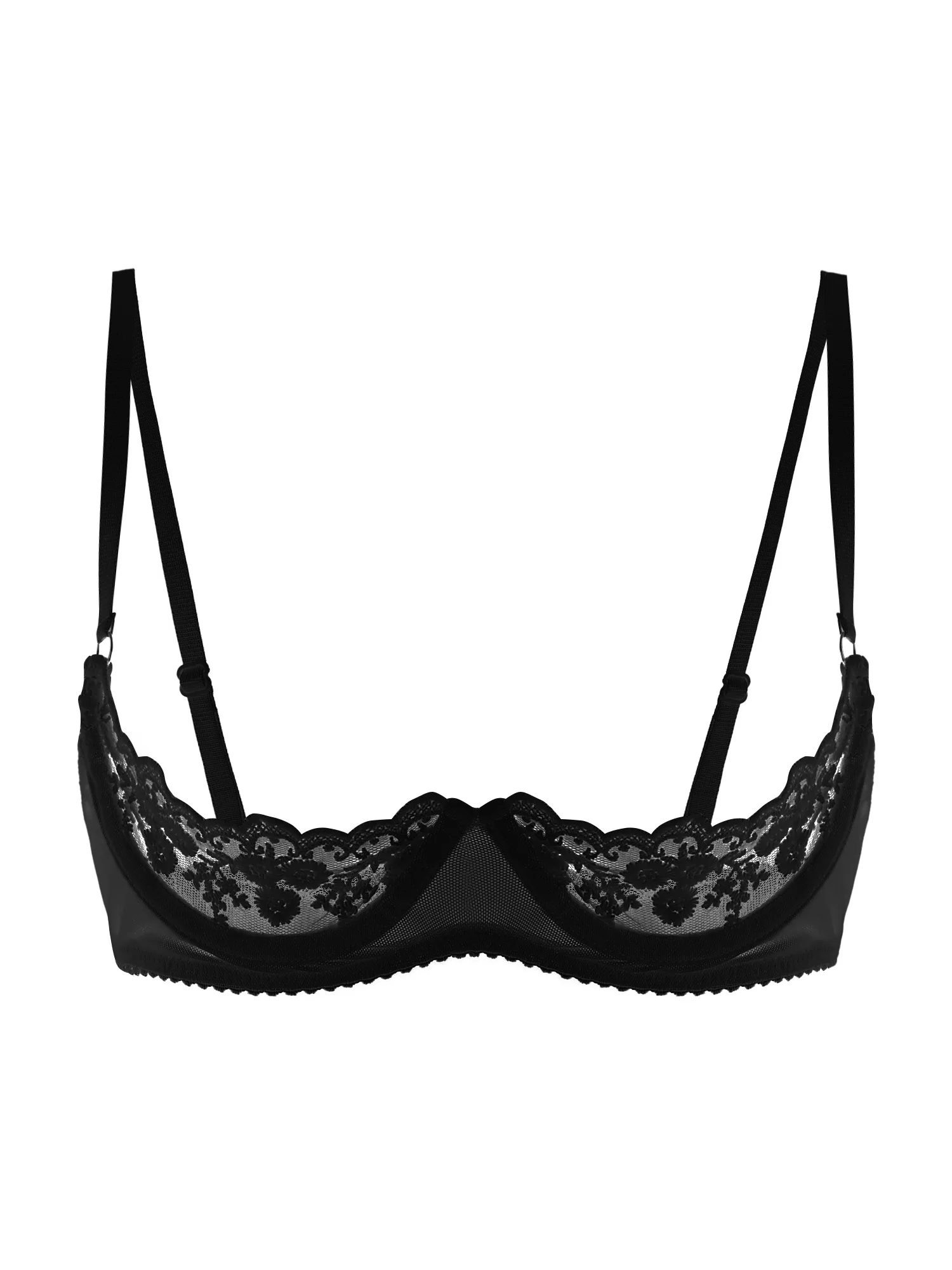 Women See Through Lace Lingerie 1/4 Cups Bare Exposed Breast Underwire Brassiere Adjustable Straps Unlined Push Up Bra Underwear