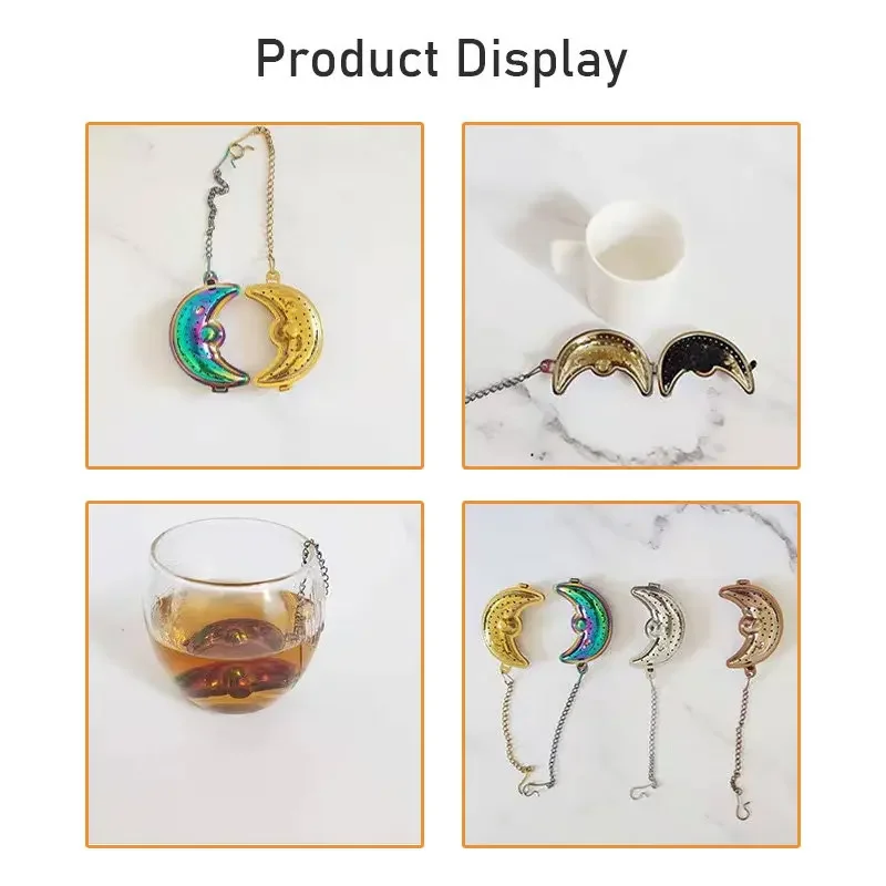 2pcs Moon Star Shaped Eid Mubarak Tea Mesh Infuser Gold Silver Staniless Steel Ramadan Tea Strainer Set Spice Filter with Chain
