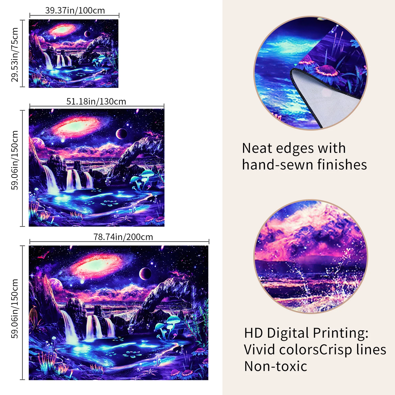 Neon Blacklight Tapestry Fantasy Mountain Waterfall Tapestries,Galaxy UV Reactive Backdrop for Artful Wall Hanging & Home Décor 5