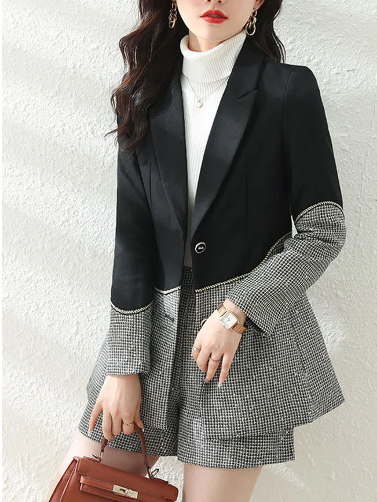 

2pcs Women Casual Office Lady Long-sleeved Single Breasted Blazer Short PantsColor Matching Chic Streetwear Clothing New