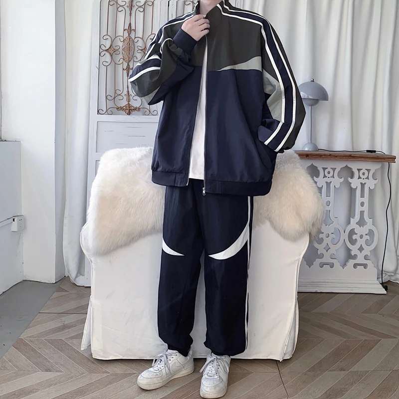 Men Spring Autumn Basic Patchwork Tracksuit Casual Stripe Stand Collar Jacket+Sweatpants Two-Piece Clothing Fashion Streetwear