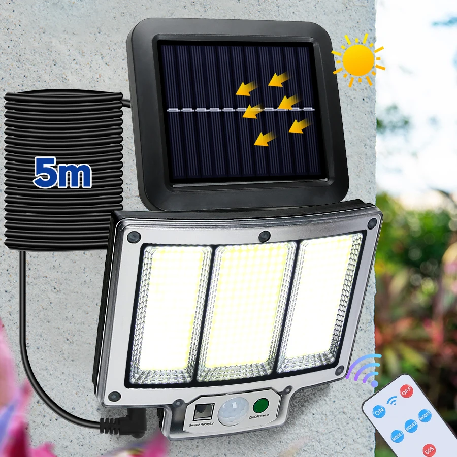 Super Bright Outdoor Solar Light with Motion Sensor Floodlight Remote Control IP65 Waterproof for Garage Security Wall Light