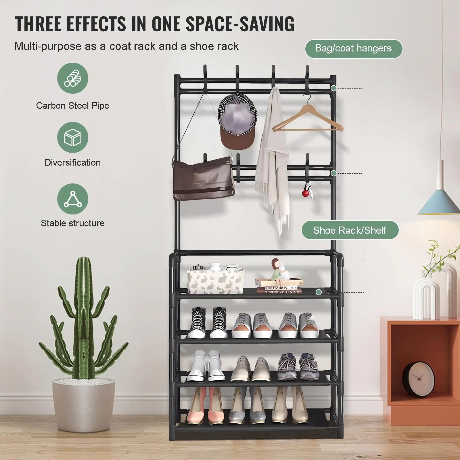 Coat Rack Stand 3-In-1 Design Freestanding Coat Rack with Hooks