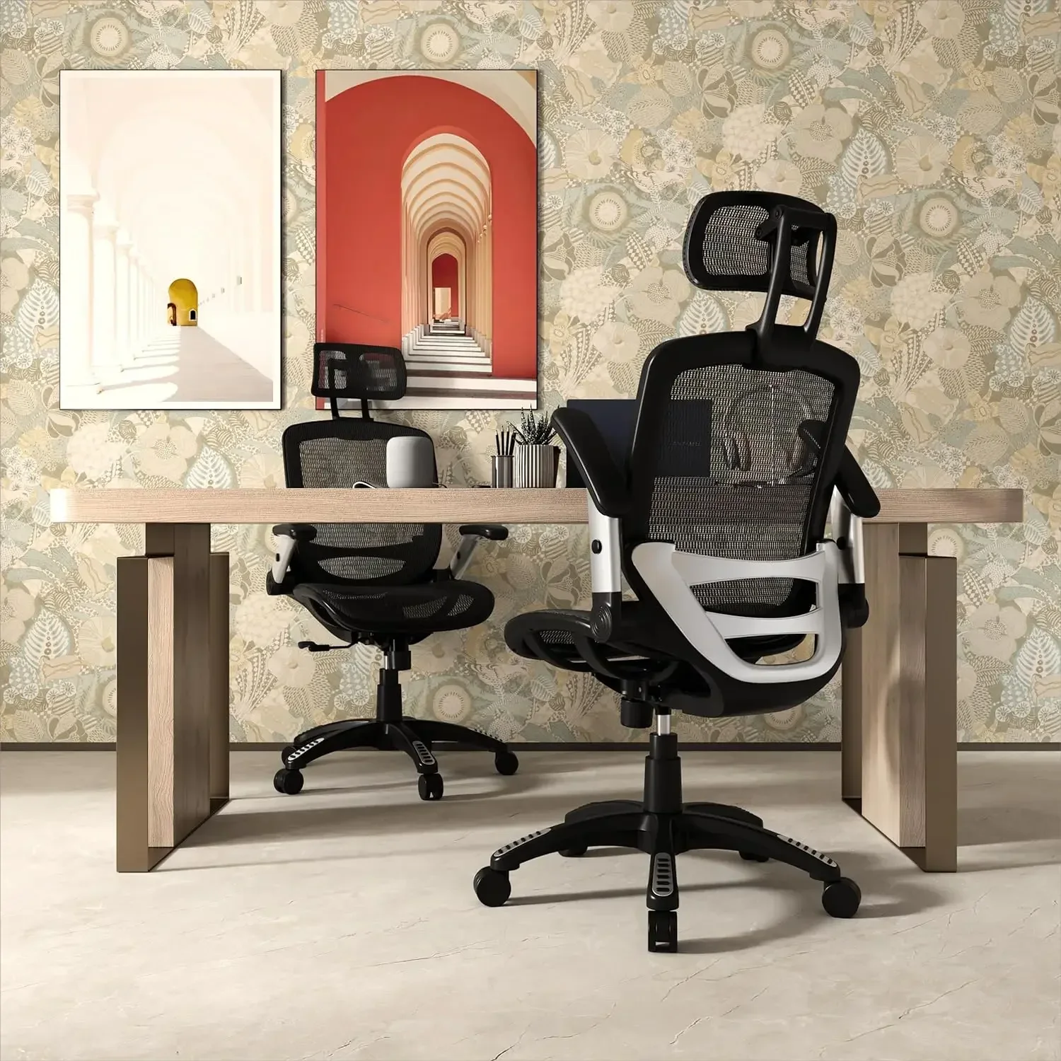 

Ergonomic Mesh Office Chair, Adjustable Headrest with Flip-Up Arms, Tilt Function, Lumbar Support and PU Wheels