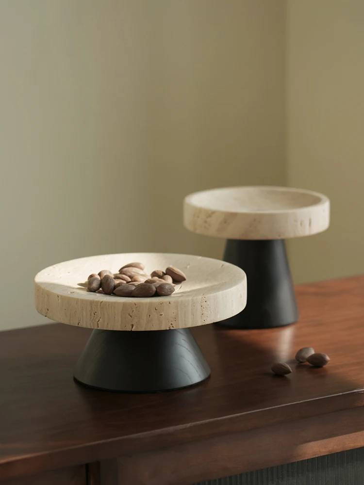 

Natural Marble Salad Bread Fruit Tray with Stand Luxury Travertine Pedestal Bowl for Table Decor and Kitchen Counter