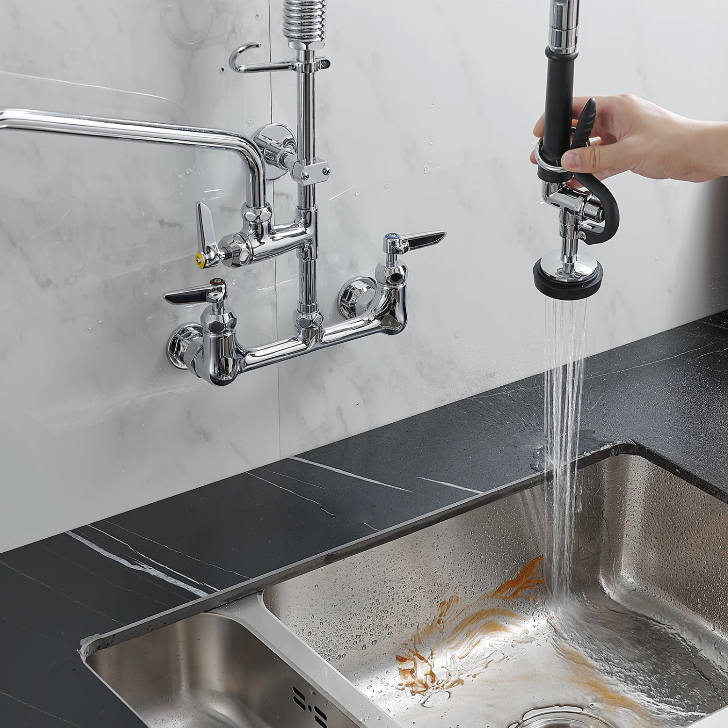 Commercial Kitchen Faucet Deck Mount with Pre-Rinse Sprayer 21" Height Kitchen Sink Faucet 8 Inch Center with 10" Add-on Swing S 3