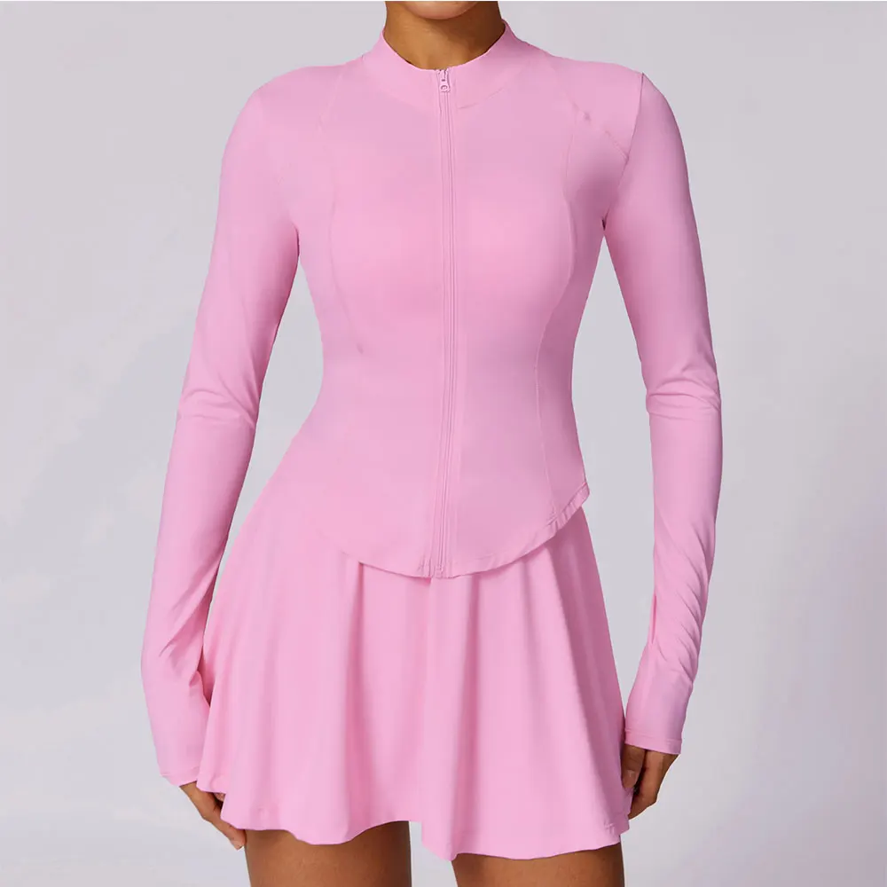 Women's 2-Piece Athletic Yoga Set - Zipper Long Sleeve Top & Sporty Short Skirt