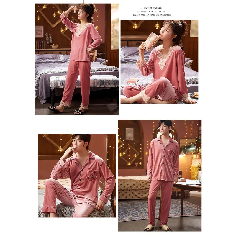 2024 New Gold Velvet Couple Pajamas Women's Spring Autumn Winter Coral Fleece Long Sleeves Large Size Men's Loungewear Set