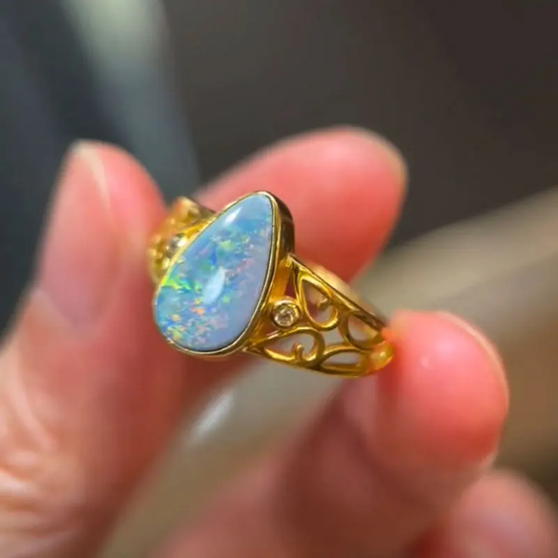 Australian White Opal Ring 18K Gold 1950s Australian Opal Diamond Ring -  Ruby Lane