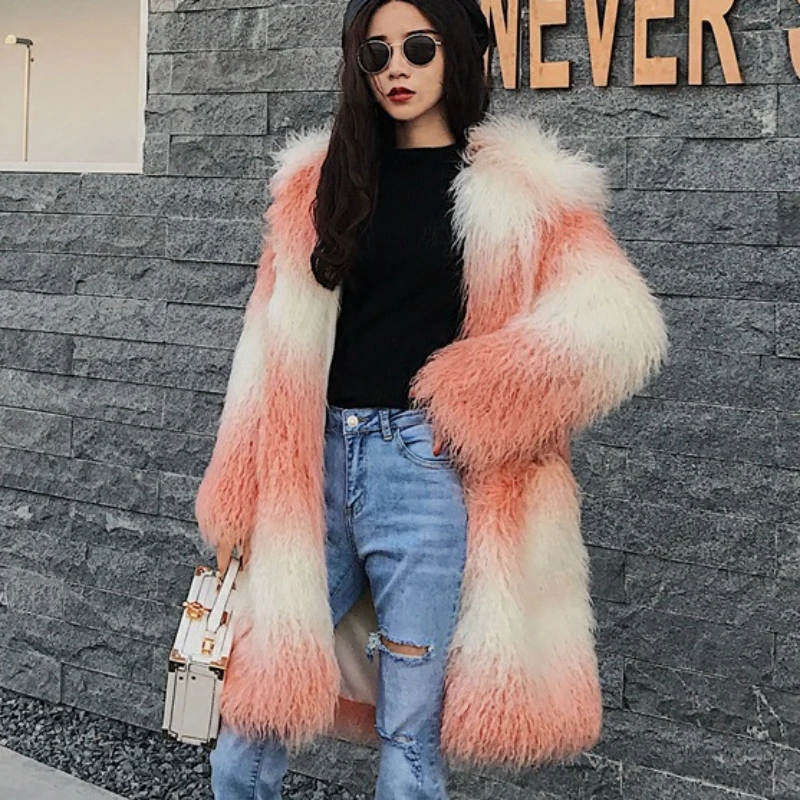 

2023 Autumn Winter New Women Gradient Color Faux Fur Coat Soft Long Parkas Female Fashion Casual Hooded Thicken Warm Outwear