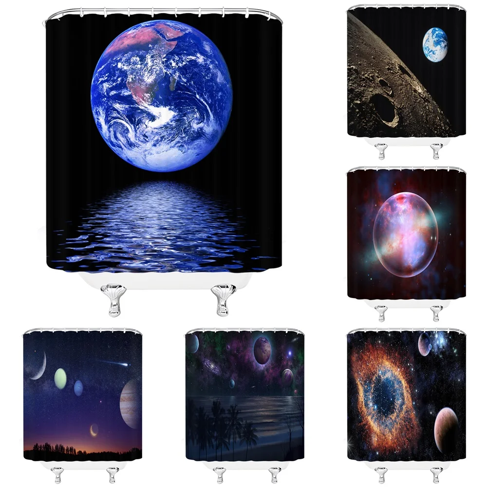 

Planet Big Moon Shower Curtain Sea Scenery Space Galaxy Starry Sky Fabric Bath Curtains For Bathroom Decor with Hooks Polyester