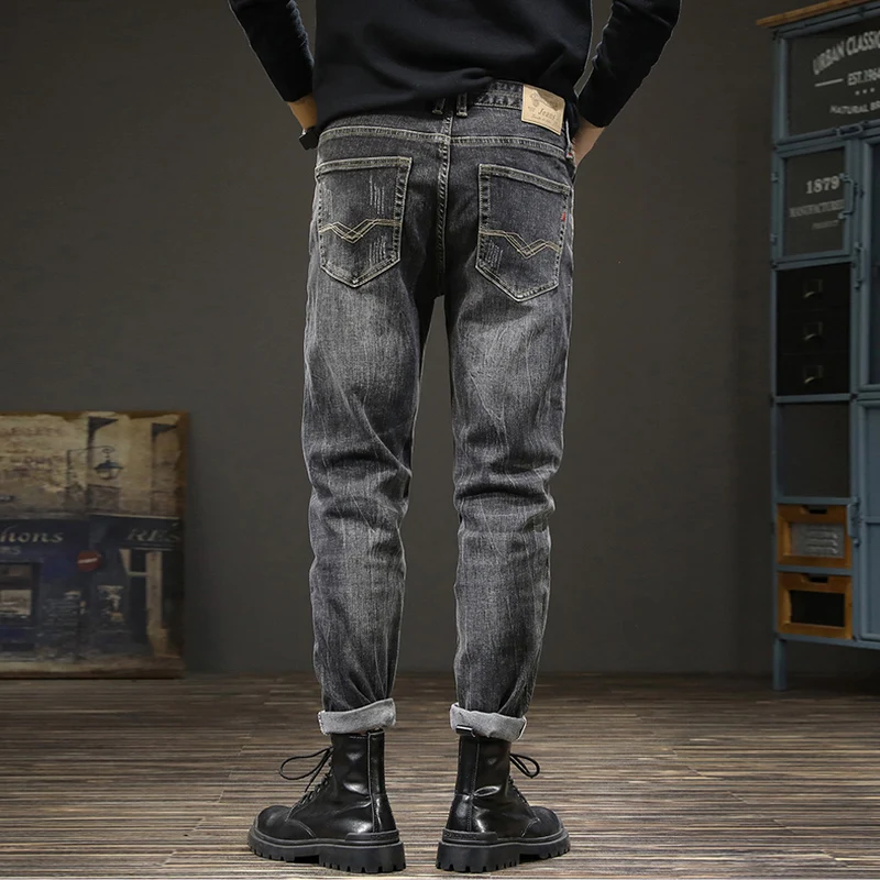 Fashion Designer Men Jeans Retro Black Gray Elastic Slim Fit Ripped Jeans Men Cotton Trousers Vintage Casual Denim Pants Hombre