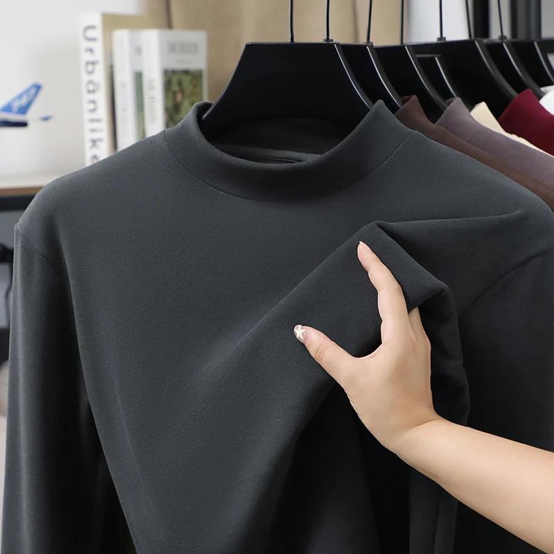 German Flannel Semi High Neck Long Sleeved T-shirt for Men's Autumn New Item Interior Bottom Shirt Hoodie Solid ColorT-shirt Top