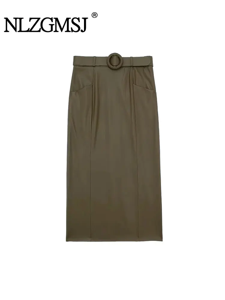 

Nlzgmsj TRAF 2023 Women Faux Leather Straight Midi Long Skirts Vintage High Waist With Belt Autumn Causal Elegant Slim Skirts