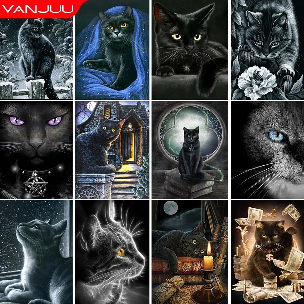 Diamond Mosaic Painting Animal 5D Rhinestone Embroidery Witch Black Cat Diamond Cross Stitch Kits Gothic Style Home Decors