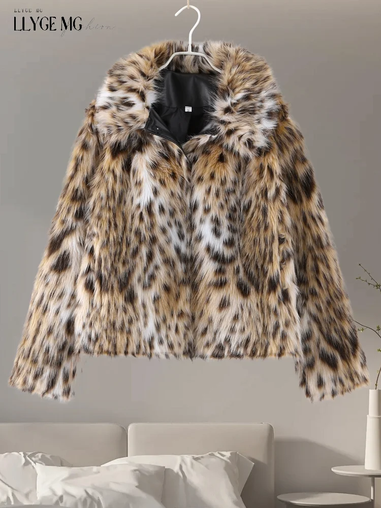 Leopard Faux Fur Coat Women Short Autumn Winter Plush Stand Collar Panelled Jacket Female Warm Stylish Outerwears Lady Casual 6