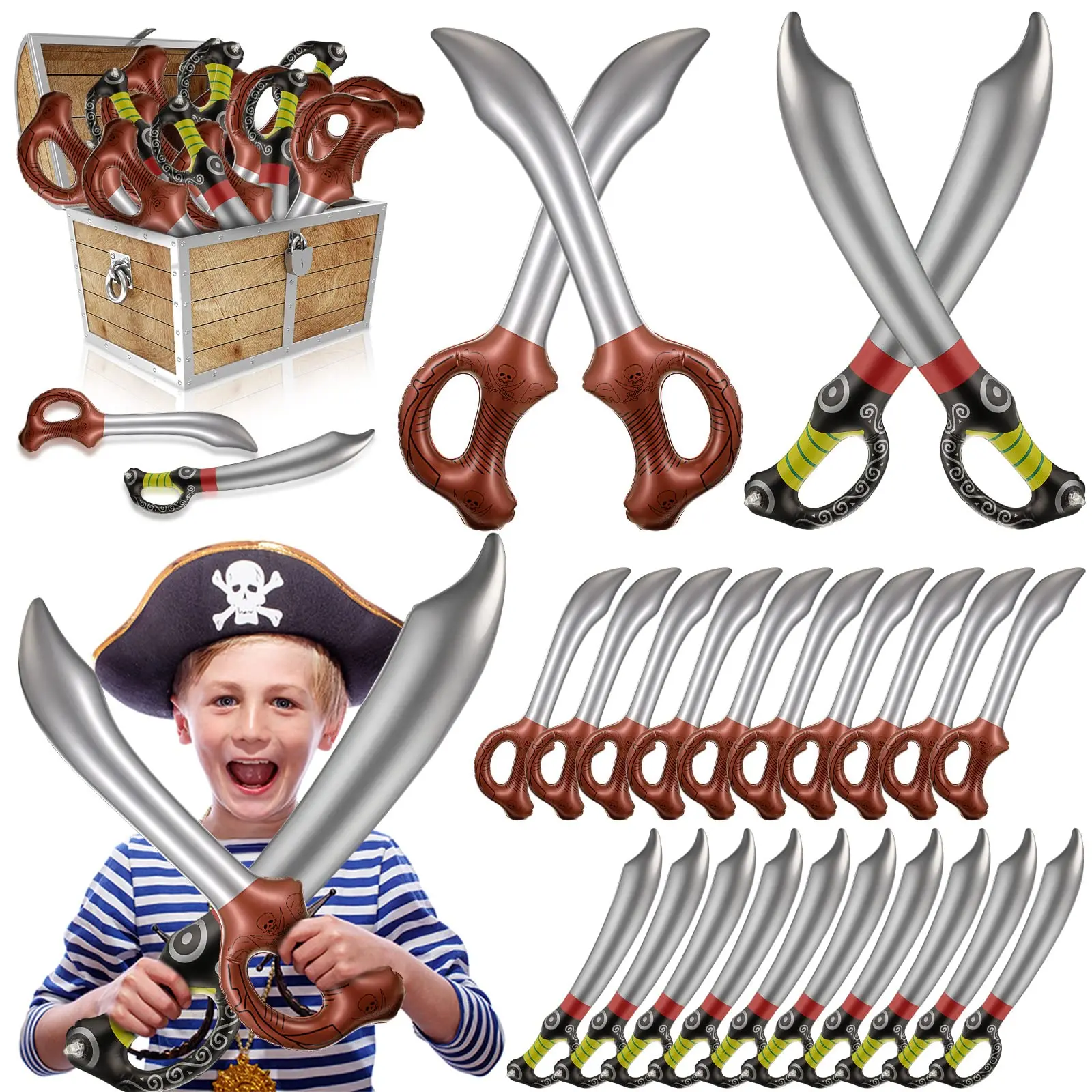 24Pcs Inflatable Pirate Sword Blow up Pirate Sword for Kid Birthday Party Cosplay Toy Stage Prop Summer SwimPool Party Water Toy