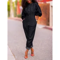 Streetwear Denim Jumpsuits Women 2026 Vintage Puff Sleeve O-Neck Button High Waist Pockets Bright Line Decoration Jumpsuit - Image 2