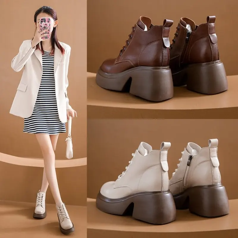 2024 NEW Fashion Casual Round-toe women's boots lace-up thick-soled boots women's handmade shoes retro women's shoes thick heels