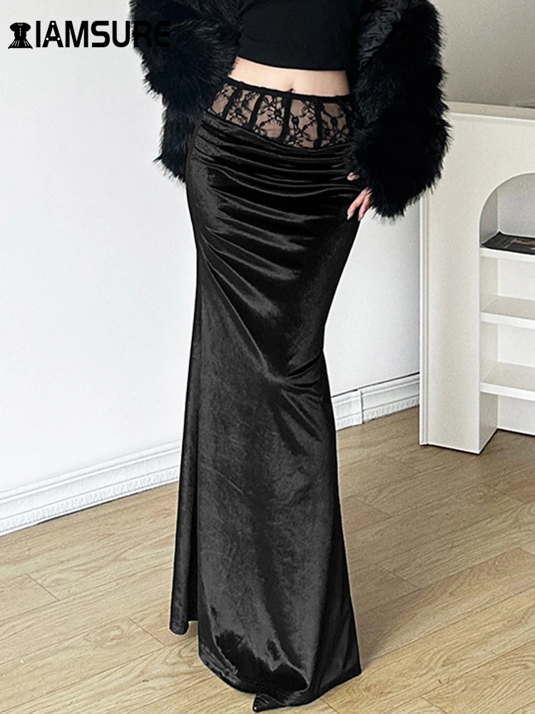 

IAMSURE Elegant Fashion Patchwork Lace Trumpet Skirt Sexy Slim Solid High Waisted Bodycon Maxi Skirts Women 2023 Autumn Spring
