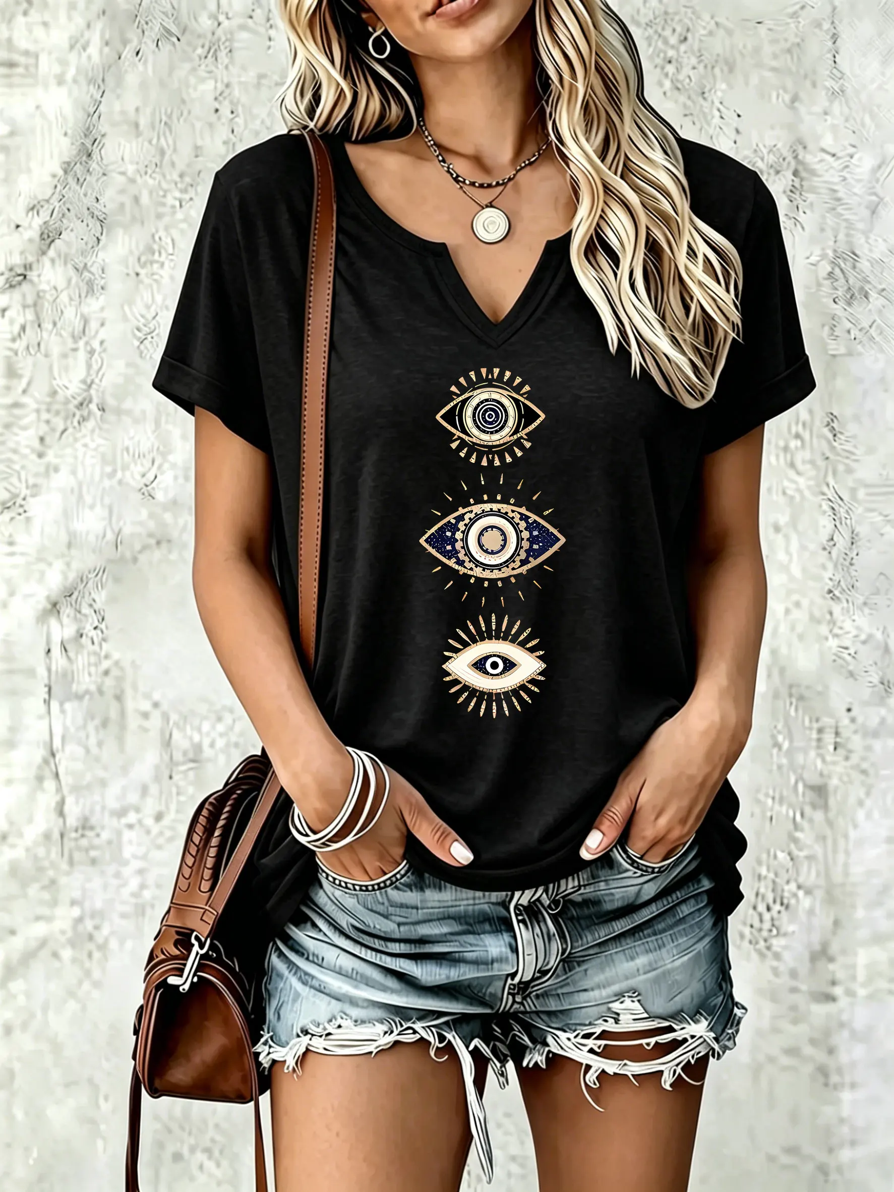Damen-T-Shirt mit V-Ausschnitt und kurzen Ärmeln für den Sommer, Triple Evil Eye Bohemian Mystic Graphic Print, lässiges, tägliches T-Shirt im Boho-Stil