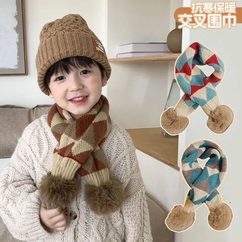 Children's Scarf Checkered Scarf for Autumn and Winter Korean Style Boys' Windproof and Warm Cross