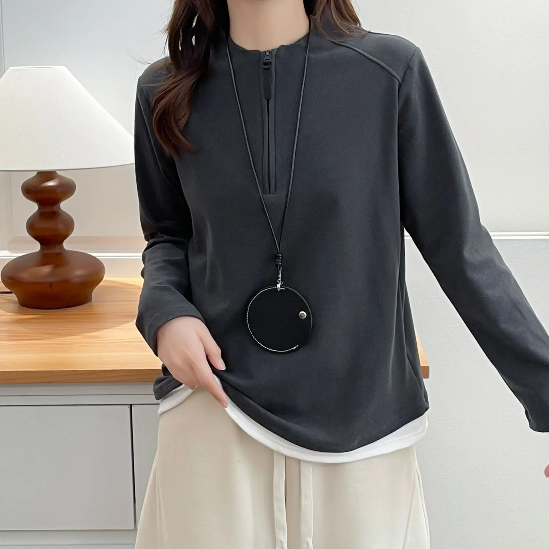 XXXXL Fashion Plus Size Women's T-Shirt New Winter Simple color-blocked Zipper Stand Collar double-sided Fleece Warm Tops 8813