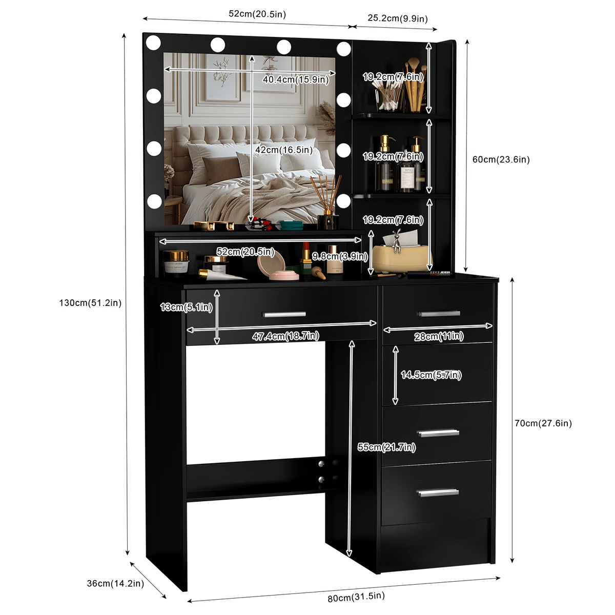 Black Dressing Table with 5 Drawers and Lighted Mirror Makeup Vanity Desk — view 6