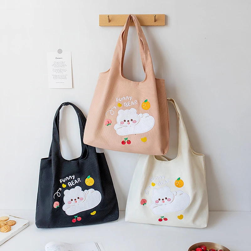 

Cute Bear Embroidery Shopping Bags for Women Girls Large Capacity Canvas Book Storage Bags Student Casual Shoulder Bags 2022 New
