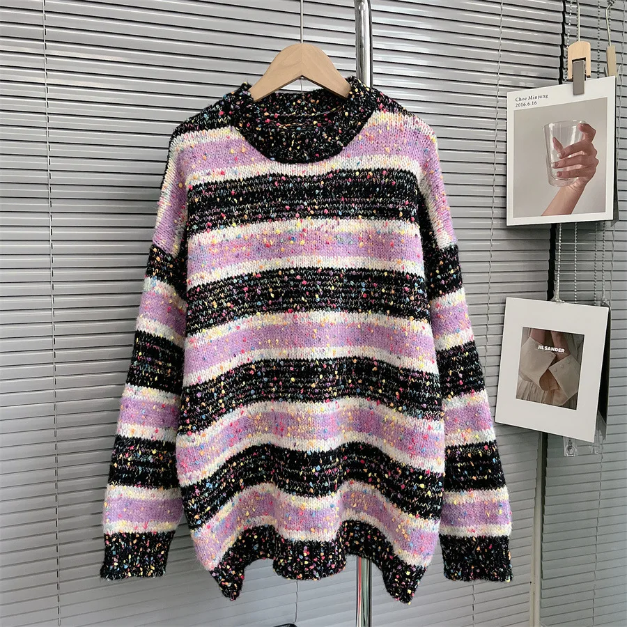 

Advanced Thickened Retro Stripes with Contrasting Color Dots Yarn Sweaters Women Loose Fitting Knitwear Autumn Winter Trends