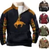 Men's Western Fleece Jacket Cowboy Bull Head Print Pullover 1/4 Zip Stand Collar Long Sleeve Country Sweatshirts Pullover Coats 1