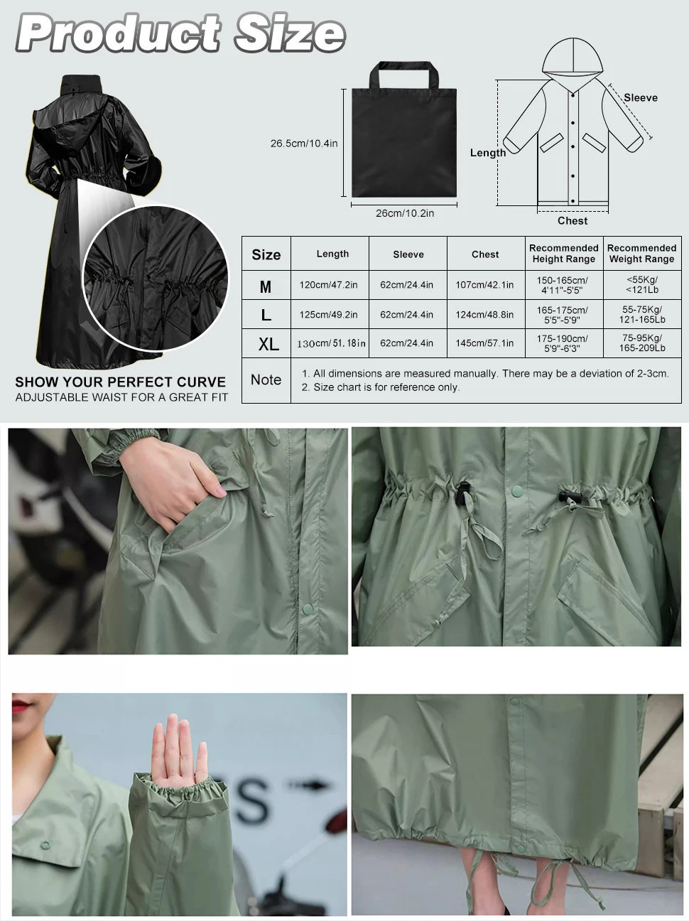 Long Raincoat For Women Stylish Waterproof Zipper Fashion Jacket Full Body Adult Poncho Rain Coat Cover Hooded