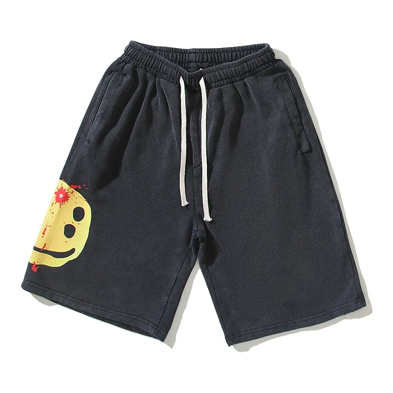 Yao Fashion Streetwear Hip Hop Vintage Outdoor Kanye West Short Pants Hip Hop Smiley Face Print Casual Shorts for Men
