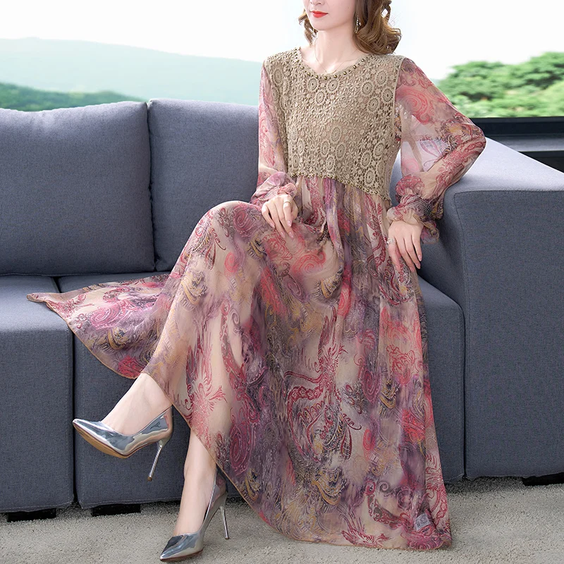 

2022 Spring Vintage Loose 4XL Plus Size Midi Women Dress Boho Floral Mulberry Silk Long Sleeve Maxi Dress Elegant Party Vestidos