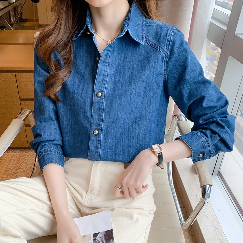 Spring Fashion Single-breasted Three-dimensional Korean  Long-sleeved All-match Blue Denim Shirt For Women Z164