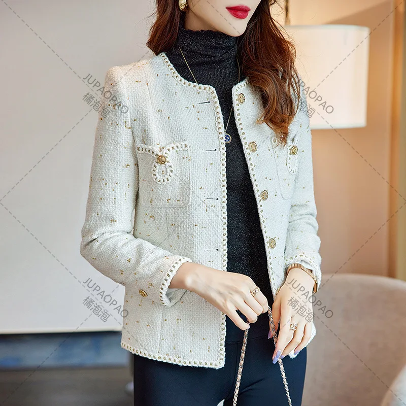 2024High End Collarless Tweed, Small Fragrant Style, Autumn, Luduo, Sweet Temperament, Versatile Single Row, Multi Mouth Coat