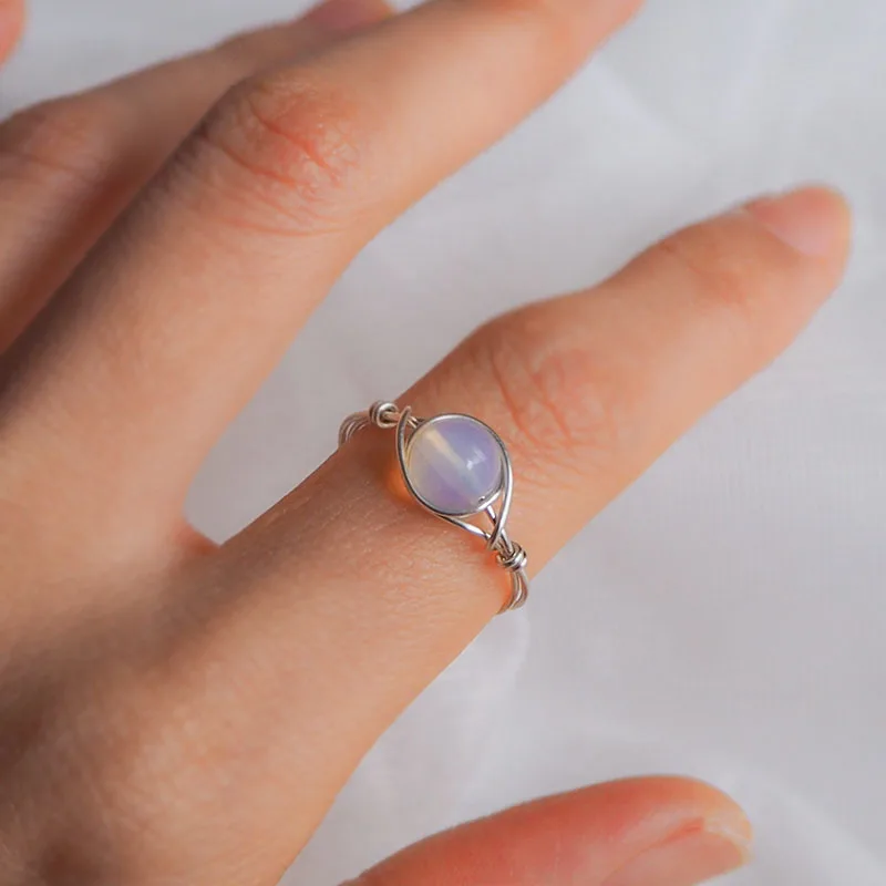 Women Eye Shape Rings Natural Stone Freshwater Pearl Opal Lapis Lazuli Bead Ring Handmade Wire Wrapped Vintage Jewelry Girl Gift