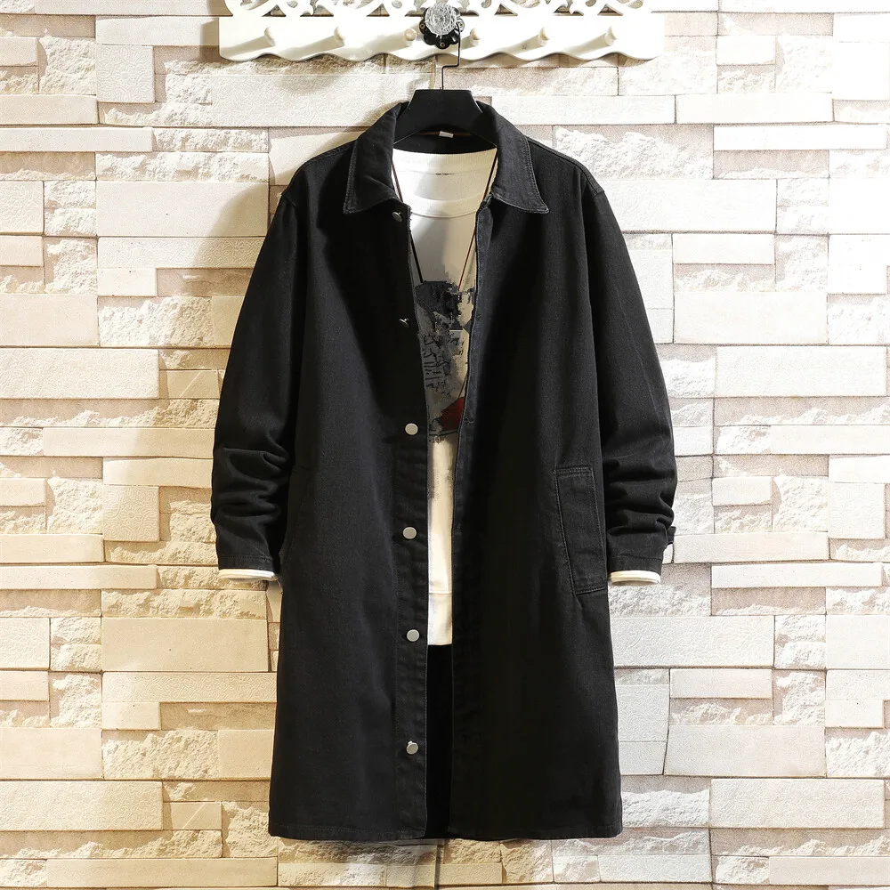 새로운 봄 가을 패션 데님 트렌치 남성 캐주얼 윈드 브레이커 코트 솔리드 컬러 롱 남성 턴 다운 칼라 자켓 겉옷 남자