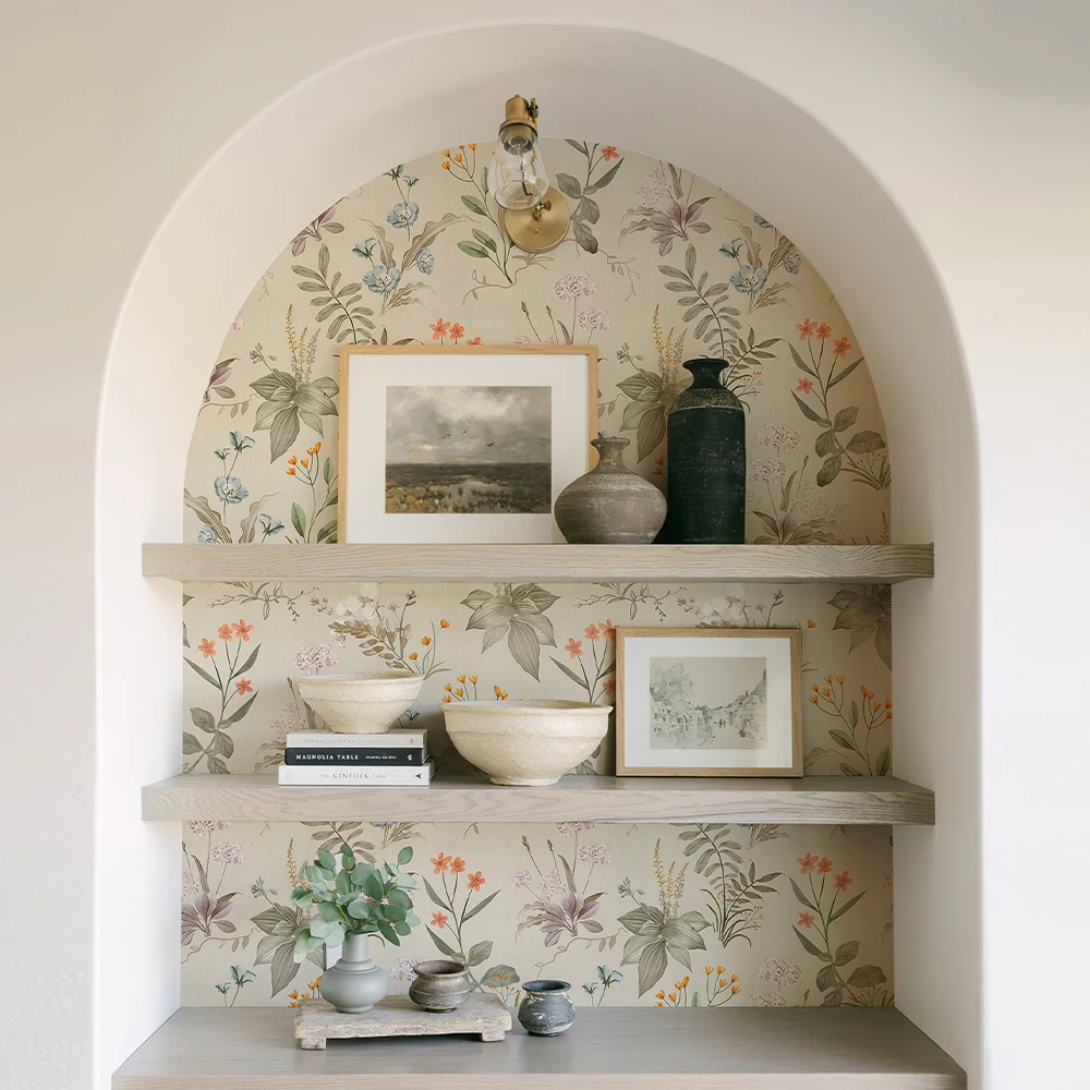 Retro Floral Light Yellow Floral Wallpaper Self-adhesive Home Decor Waterproof Flower Wallpaper PVC Furniture Cabinet Sticker 4