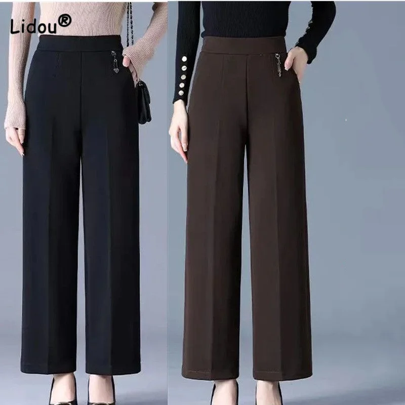 Office Lady Simplicity Solid Color Elastic High Waist Pants 2024 New Casual Straight Trousers Spring Autumn Women's Clothing 2023 spring autumn hoyt archery huntinger bows logo print solid color hooded sweatshirt drawstring sport trousers simplicity set