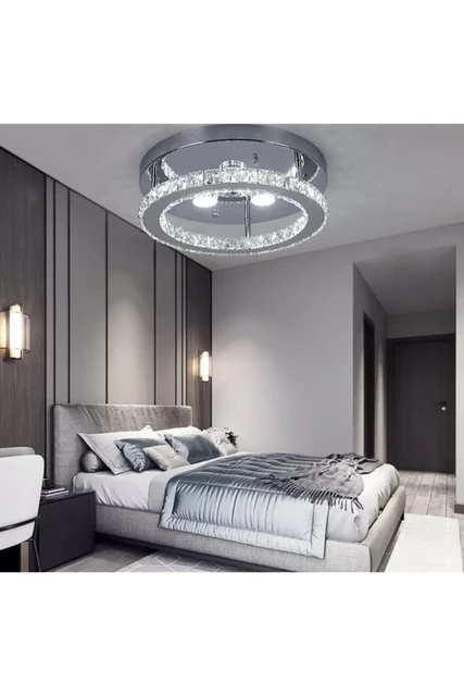 Luxury Modern Plafonier CZ Crystal Led Chandelier Chrome Kumandalı 3 Color  Sleep Mode 64 Watt Power Led