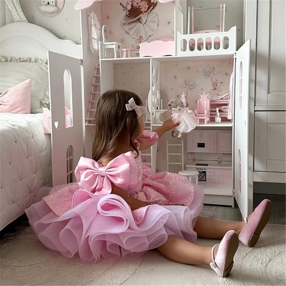 Pink Flower Girl Dresses For Wedding Sequins With Bow Knee Length Cute Princess Birthday Party First Communion Gown flower girl dresses