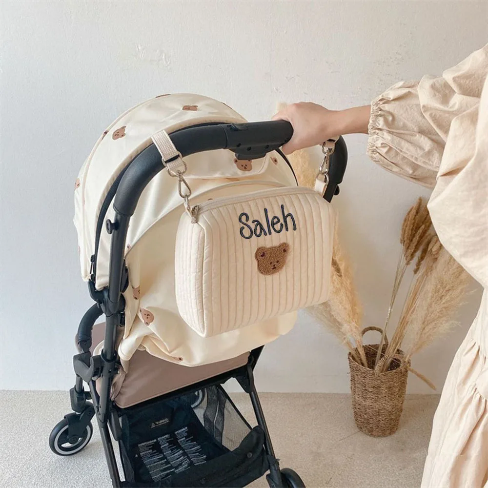 

Personalized Name Baby Carriage Hanging Bag Customized Outdoor Multifunctional Baby Bear Mommy Bag Kids Stroller Storage Bags